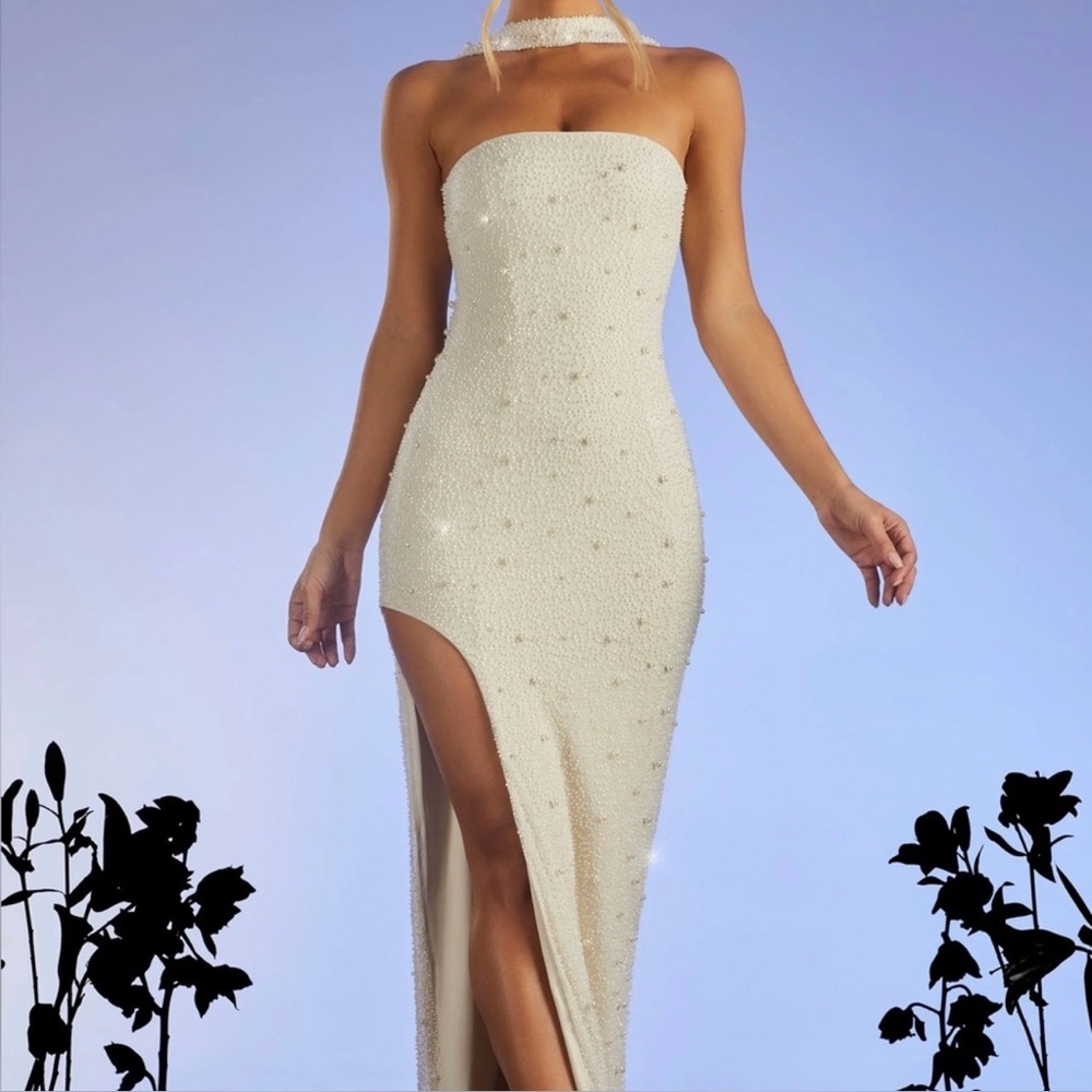 Oh Polly Strapless Cream Dress with Slit